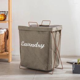 Laundry Bags Dirty Basket Waterproof Cotton And Linen Clothes Storage Japanese Minimalist Iron Bracket Fabric Folding Bucket