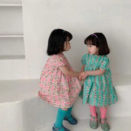 Girl's Dresses Summer Little Girl Fashion Flower Bubble Sleeve Dress Girl Korean Style Pure Cotton Casual Party Princess Dress Childrens ClothingL240513