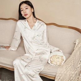 Home Clothing Two-piece Set Women Clothes Spring Autumn Long-sleeved Turndown Collar Silk Satin Trouser Suits Sleepwear Pajama