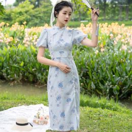 Party Dresses Improved Cheongsam Dress Female Puff Sleeve Floral Gentle Mandarin Elegant Temperament Chinese Style Summer Qipao Vestidos