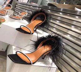 Perfect Official Quality Amina Muaddi Suede Adwoa Sandal In Black Feather Crysta Women Leather Satin Sandals Shoes9270935