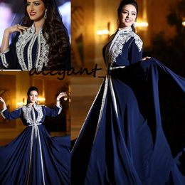 Navy Blue Kaftan Caftan Moroccan Evening Formal Dresses 2021 Lace Embroidery Long Sleeve Muslim Arabic Prom Fashion Dress 250D