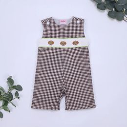 Clothing Sets Baby Boy Clothes Smock With Puppy Embroidery Wear Style Cotton Houndstooth Bubble Brown Children One Piece Romper For 0-3M