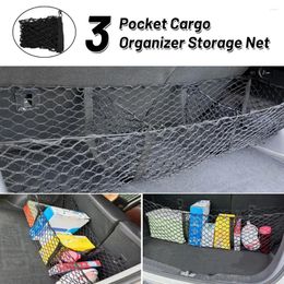 Car Organizer Elastic Heavy Duty Cargo Net Three Pocket Universal Stretchable Truck With Hooks Screws Buttonholes