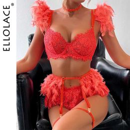 Sexy Set Ellolace Feather Lingerie Lace Luxury Underwear 5-Piece See Through Sissy Seamless Intimate Push Up Sensual Bra And Panty Sets Q240511