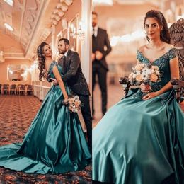 Hunter Green A Line Evening Dresses Long Off Shoulder Beadings Crystals V Neck Lace Applique Floor Length Satin Formal Prom Dress Party 278r