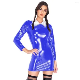 Casual Dresses Sexy PU Patent Leather Sheath Turn Down Neck Dress Women Mini Long Sleeve Slim PVC Latex Nightclub Package Hip