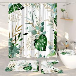 Shower Curtains Pink Rose Curtain And Rug For Bathroom Set Green Leaves Plants Landscape Polyester Fabric Hanging Decor