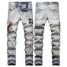 Men's Jeans European Letter AMIRIiocn Men Embroidery Patchwork Trend Brand Motorcycle Pants Mens Skinny Ripped AM3760 Size 29-38