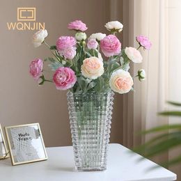 Decorative Flowers Single Branch 3 Head Flocking Artificial Flower Peony Fake Living Room Dining Table Ornaments Home Party Decoration