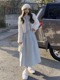 Work Dresses Women's White Blue Elegant Skirt Suit Long Sleeve Lapel Short Faux Fur Jackets Solid Colour Midi Skirts Two Pieces Set 2024