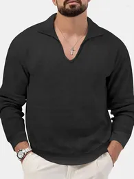 Men's T Shirts Flip Collar V-neck Fashionable Slim Fit Long Sleeved Waffle T-shirt Autumn Base Clothing