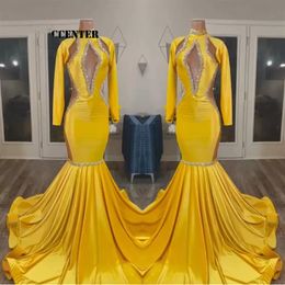 2023 Yellow gold Prom Dresses For Black Girls African Party Dress Long Sleeve Special Occasion evening Gown Mermaid robe de femme GW021 230I