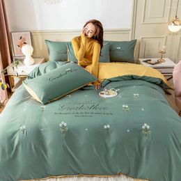 Bedding Sets Four-piece Set Three-piece Double Multi-piece Simple Solid Colour Cotton Washed Pure Embroidery She