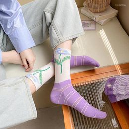 Women Socks Japanese Fashion Purple Lacework Ruffles Cute Embroidery Floral Harajuku Vintage Streetwear Cotton Long
