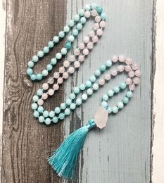 Chains Raw Stone Pendant Mala Necklaces Rose Quartz And Blue Knotted Necklace 108 Beads Tassel Womens Gift For Her2597345