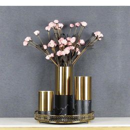 Vases Imitation Marble Gold-plated Metal Vase Artificial Flowers Decorative Flower Arrangement Desk Decoration Crafts Floral
