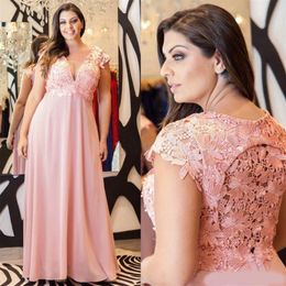 Stylish Lace Plus Size Prom Dresses Deep V-Neck Beaded A Line Evening Gowns Cheap Floor Length Empire Waist Chiffon Formal Dress SD3370 283c