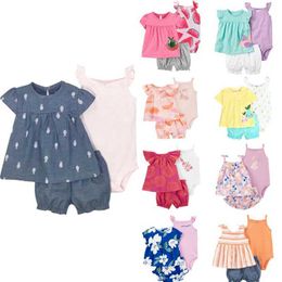 Zestawy odzieży Nowonarodzona dziewczynka Summer Cute Baby Childrens Zestaw Zestaw Ostroć krótkie rękawy+krótkie rękawy+Suspender Scossuit 3-częściowy zestaw dla małych dzieci i dziewcząt2405