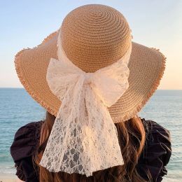 Korean Style Woman Straw Bow Ribbon Large Brim Sunshade Ins Celebrity Outing Fashion Beach Holiday Glacier Hat