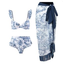 Women's Swimwear Swimsuit Digital Printed Mesh Skirt Three Piece Set For Women Bikini Shorts Cover Up Bathing Suit 2024