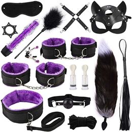 Sexy Set Sex Handcuffs Collar Whip Gag Nipple Clamps BDSM Bondage Rope Erotic Adult Sex Toys For Woman Couples Anal Butt Plug Tail T240513