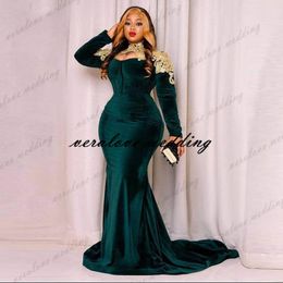 Elegant Plus Size African Evening Dress Dark Green Long Sleeve Velvet Mermaid Prom Dresses For Black Girls Formal Party Wear 2531