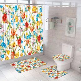 Shower Curtains Colourful Floral Butterfly Bathroom Curtain Sets Rural Fence Flowers Fabric Screen Anti-slip Bath Mat Toilet Lid Cover Rug