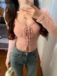 Women's T Shirts Tie Up Short Knitted Cardigan Long Sleeved T-shirt Women Top Spring/Autumn Slim Fit Spicy Girl Off Shoulder Sexy Crop Tops