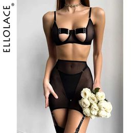 Sexy Set Ellolace Sensual Lingerie Cut Out Bra Garter Lace Up Bandage Sissy Underwear 4-Piece Exotic Sets Transparent Mesh Intimate Q240511