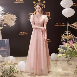 Party Dresses French Style Pink Tulle Evening Women Puff Sleeves A-line Long Graduation Dress Exquisite Elegant Quinceanera Gown