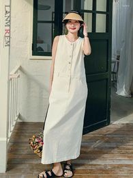 Casual Dresses LANMREM Women Long Sleeves O-neck Sleeveless Single Breasted Belt Gathered Waist Split 2024 Summer Clothing 2Z1304