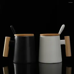 Mugs Wood Handle Ceramic Mug Simple And Creative Large Capacity Coffee Cup Office Water With Lid Spoon