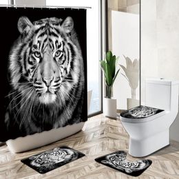 Shower Curtains Tiger Lion Zebra Portrait Printed Curtain Wild Animal Black Background Design Pedestal Rug Toilet Cover Bathroom Deco Set