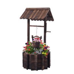 Notume Outdoor Wooden Ing with Hanging Bucket, Decorating Well Planers Country Style Courtyard Garden, Brown