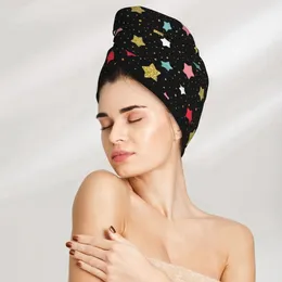 Towel Girl Hair Drying Hat Colorful Stars Dots On Black Cap Bath MicrofiberTowel Absorption Turban