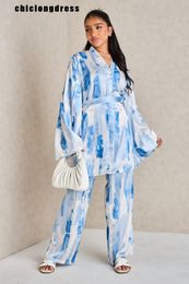 Summer Fashion Tie Dye Print Two Piece Set Women Causal Vneck Lace Up Flare Sleeve Shirt Wide Leg Pants Two Piece Set Women 240507