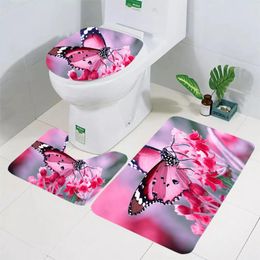 Bath Mats CLOOCL Toilet Mat Set Pretty Floral Butterfly 3D Printed Floor Rugs Rug Bathroom Shower Carpet Cushion Drop