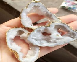 6pcs Gold plated White Colour Nature Quartz Druzy Geode connectorDrusy Crystal Gem stone Pendant Beads Jewellery find23432741630972