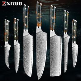 Damascus Kitchen Knife Set 1-7PCS Super Sharp Full Tang Chef Knife Utility Knife Santoku Knife Stabilised Wood Ergonomic Handle