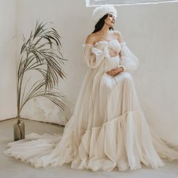 Pretty Off Shoulder Evening Dresses Tulle Ruffles A-line Maternity Dress Illusion Puffy Sleeves Long Robes For Pregnant Women Photo Sho 273z