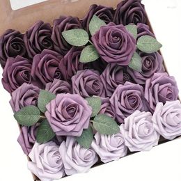 Decorative Flowers Artificial 25pcs Real Looking Plum Ombre Colors Foam Fake Roses With Stems For DIY Wedding Bouquets Bridal Shower Floral