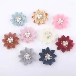 Decorative Flowers 10PCS/Lot 5CM Pearl Centre Chiffon Hair Accessories DIY Flower Wedding Girls Dress Clothing Decorations