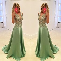 Prom Dresses Plunging V Neck Olive Green Satin Lace Appliques Beaded Illusion Long Evening Gowns Wear Plus Size Formal Party Dress ED13 2713