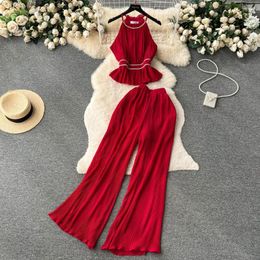 Home Clothing Summer Women Pleated Pajamas Two Piece Set Sexy Halter Sleeveless Draped Tops High Waist Wide Leg Pants Lounge Suit Sleepwear