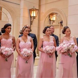 2024 Bridesmaid Dresses Spaghetti Straps Pink Mermaid For Weddings Plus Size Long Lace Appliques Beads Formal Maid of Honor Gowns Wedding Guest Wear 0513