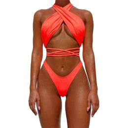 Front String Tie Halter Cross T Style Bikinis Set Swimsuits Swimwear Two Piece Bathing Suit Silver Fluorescent Green Orange 240513