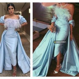 2021 Plus Size Arabic Aso Ebi Stylish Feather Sexy Prom Dresses Sheath Satin Tea Length Evening Formal Party Second Reception Gowns Dre 271j