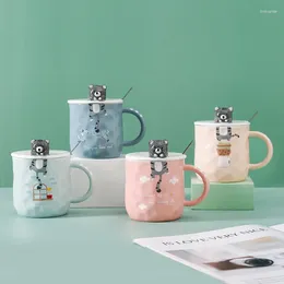 Mugs Embossed Kitten Ceramic Mug Creative Cute Cartoon 3D Three-dimensional With Lid Spoon Gift Coffee Cup Japanese Style