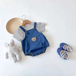 Clothing Sets 2024 Summer Cool Preschool Baby Clothing Set Suitable for Newborn Girls Striped T-shirts and Cowboy TightsL2405